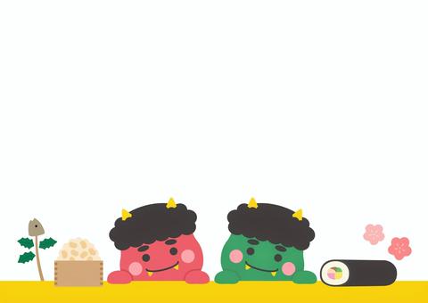 節分の鬼と豆と恵方巻04 節分,フレーム,背景,鬼,豆,恵方巻,節分豆,2月,冬,手描きのイラスト素材