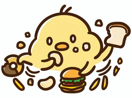必死の形相で暴飲暴食をするかわいいひよこ ひよこ,暴飲暴食,大食い,食べる,慌てる,急ぐ,パニック,空腹,ハンバーガー,食パンのイラスト素材