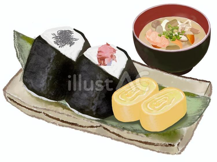 おにぎり（玉子焼き付き）と粕汁 鮭,しゃけ,塩昆布のイラスト素材