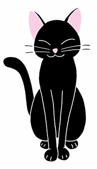 黒猫　お座り　イラスト 動物,猫,黒色,お座り,ピンク色,耳,鼻,輪郭線なし,背景,色なしのイラスト素材
