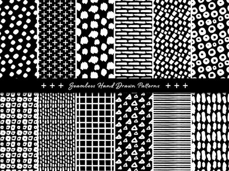 手描き風モノクロパターンセット 手描き,模様,パターン,ドット,ストライプ,ライン,グリッド,チェック,プラス,クロスのイラスト素材