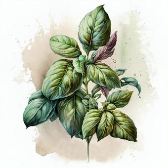 Illustration, basil, watercolor, leaf, 