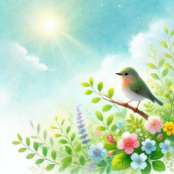 Early summer tree branches and small birds watercolor, animal, bird, birdie, JPG