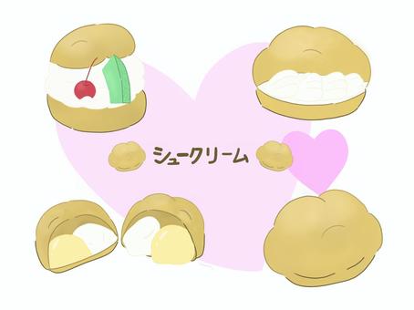 シュークリームセット シュークリーム,カスタード,生クリーム,断面,メロン,サクランボ,かわいい,お菓子のイラスト素材