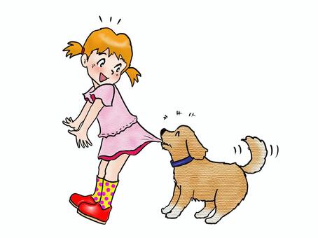 いやん 人物,こども,女の子,幼稚園児,スカート,動物,犬,笑顔,全身,手書きのイラスト素材