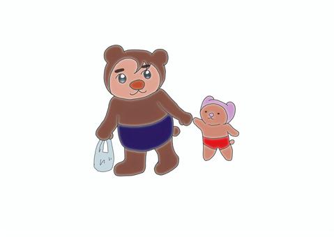 クマの着ぐるみを着た人と子グマ クマの着ぐるみを着た人と子グマ 着ぐるみ,子グマ,買い物,青ぱんつ,赤ぱんつのイラスト素材