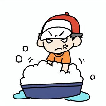 怒ってたらいを泡立てる少年 少年,たらい,怒る,バケツ,泡立てる,洗濯,手洗い,むかむか,ストレス,フラストレーションのイラスト素材