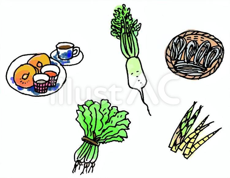 信州のおいしいもの 大根,青菜,竹の子のイラスト素材