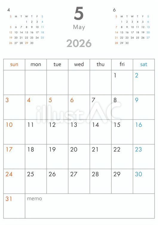 2026年5月カレンダー-縦 カレンダー,2026年,2026のイラスト素材