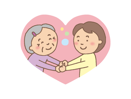ハートの中で手を取り合うおばあさんと女性 ハート,ピンク,おばあさん,女性,高齢者,介護,福祉,デイサービス,施設,手を取るのイラスト素材
