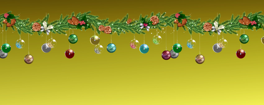 モミの枝とオーナメントの横長背景　黄色 クリスマス,モミ,オーナメント,飾り,デコレーション,背景,テンプレート,テクスチャ,壁紙,横長のイラスト素材