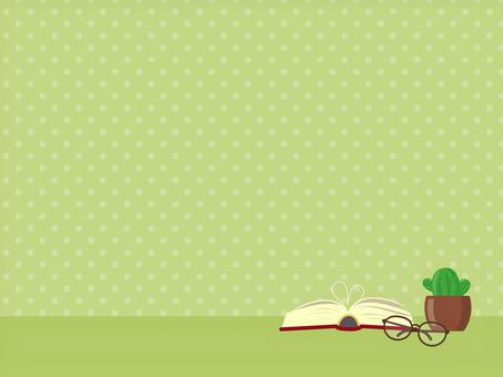 Background green polka dot pattern _ book, glasses and cactus, this, spring, reading, JPG, PNG and AI