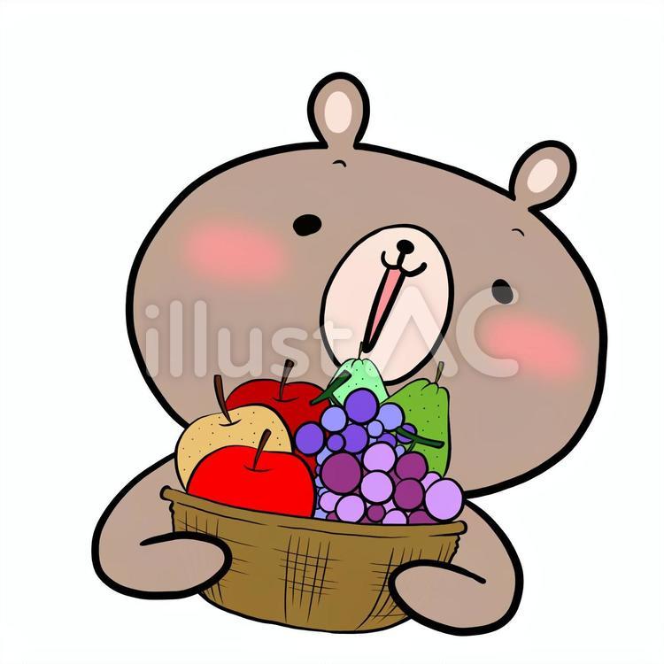 フルーツのカゴとくま薄茶 りんご,ぶどう,洋なしのイラスト素材
