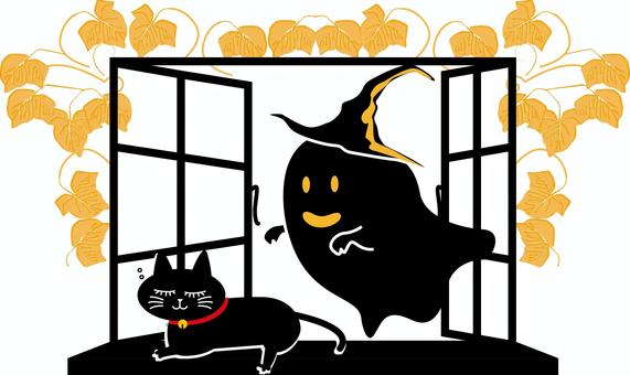 ハロウィン　おばけ-黒猫　 ハロウィン,おばけ,黒猫,寝る,かわいい,シンプル,窓,植物,デフォルメ,イメージのイラスト素材