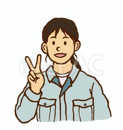 ピースする作業服の女性