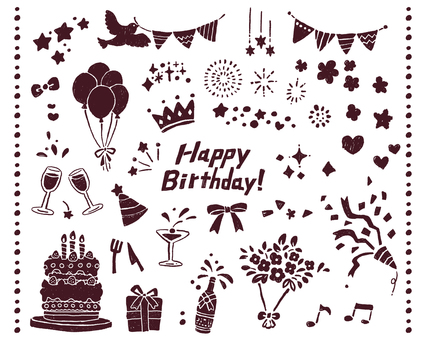 手描きバースデーパーティイラストセット パーティー,バースデー,ガーリー,手書き,オシャレ,ガーランド,星,リボン,風船,クラッカーのイラスト素材