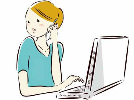 一邊用手機通話一邊操作電腦的女人, JPG 和 PNG 一邊用手機通話一邊操作電腦的女人, 女子, 遠程辦公, 手機, JPG 和 PNG