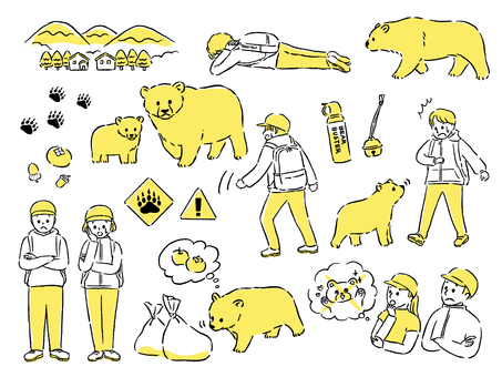 クマ被害に注意 熊,被害,子熊,対策,足跡,線画,手書き,人物,山,村のイラスト素材