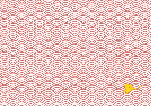 KI_SR00_吉祥文様青海波と猫レッド 和柄,青海波,猫,和風背景,手描きのイラスト素材