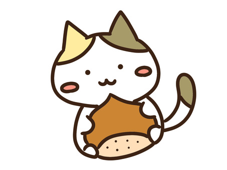 くりを持って秋を感じるかわいい三毛猫 くり,秋,手,持つ,ねこ,かわいい,自然,季節,旬,森のイラスト素材