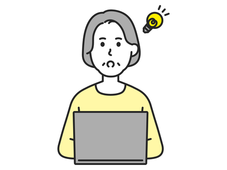 A senior woman inspired in front of a laptop computer, , JPG, PNG and AI