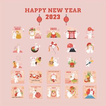 Illustration, new year, rabbit, pounding mochi, 