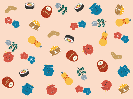 節分のハンコ風イラストのパターン柄2 節分,背景,柄,パターン,模様,赤鬼,青鬼,柊,節分豆,恵方巻のイラスト素材