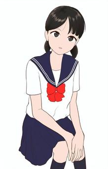 Girl in a sailor suit to sit on 2, people, woman high student, middle school girls, JPG and PNG