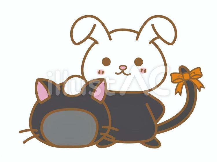 黒猫の着ぐるみを着て仮装するうさぎ ハロウィン,黒猫,うさぎのイラスト素材