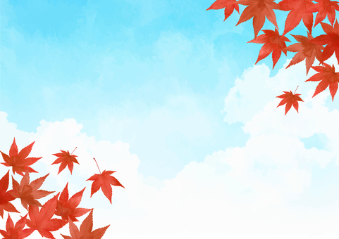 イラスト素材：空と紅葉 秋,青空,水彩,背景,紅葉,もみじ,秋空,秋晴れ,コピースペース,赤のイラスト素材