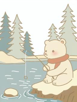 熊の冬の釣り 熊,シロクマ,動物,座る,釣り,レジャー,釣竿,マフラー,冬,寒いのイラスト素材