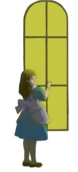Girl standing, whole body facing backwards, windowsill Girl standing, whole body facing backwards, windowsill