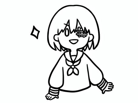 セーラー服で眼帯の元気な女の子　線画 セーラー服,女子,女の子,眼帯,片目,隠す,制服,学生服,学園,アニメのイラスト素材