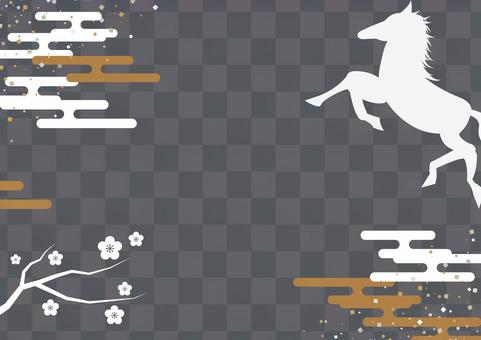 午年の正月のおしゃれな和風背景素材 正月,午年,和風,和柄,馬,雲,梅,枝,紙吹雪,背景のイラスト素材