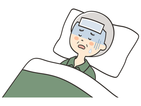 体調不良で寝込むおじいさん 寝苦しい,うなされる,苦しい,しんどい,不調,体調不良,不眠,不眠症,呼吸困難,無呼吸のイラスト素材