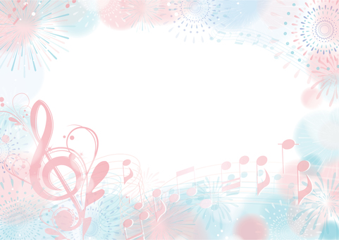 花火とピンクと水色の優雅な音楽フレーム横 音楽,花火,夏祭り,夏,フレーム,祭り,枠,打上花火,花火大会,音符のイラスト素材