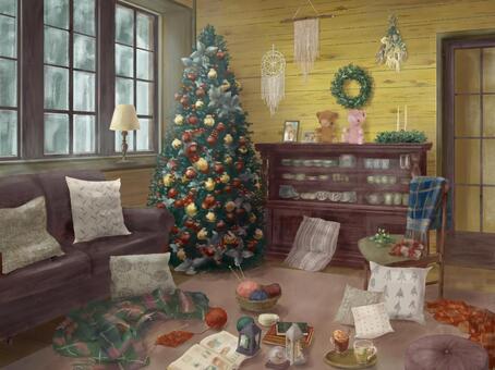 クリスマスルーム　昼 クリスマス,イブ,クリスマスツリー,リース,キャンドル,ライト,スノードーム,冬,ホリデー,ソファのイラスト素材