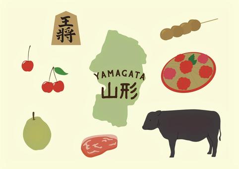 山形イラストセット 山形,さくらんぼ,花笠,玉こんにゃく,将棋,ラフランス,山形牛,地図,ご当地,観光地のイラスト素材