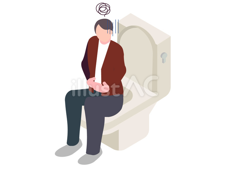 トイレでお腹を押さえる男性のアイソメ トイレ,便器,便意のイラスト素材