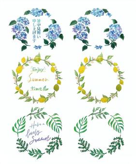 水彩風リースデザインセット 暑中見舞い,夏,ボタニカル,植物,サマー,水彩,水彩風,水彩画,水彩タッチ,色鉛筆のイラスト素材