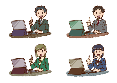 リモート会議1 リモート,会議,タブレット,会社員,仕事,男性,女性,スーツ,上半身,手描きのイラスト素材