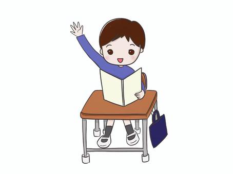 手を挙げる男の子 子ども,小学生,小学校,授業,学校,学習,教育,勉強,挙手,手を挙げるのイラスト素材