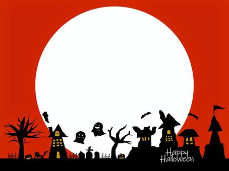 ハロウィンの街並みのフレーム（赤） ハロウィン,街並み,こうもり,黒猫,ジャックオランタン,月,建物,シルエット,フレーム,墓地のイラスト素材