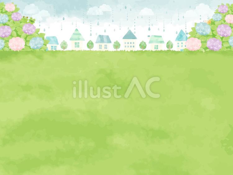 あじさいと街並みのイラスト 梅雨,背景,町並みのイラスト素材