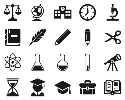 教育と学習のアイコンセット 黒 学校,教育,学習,科学,勉強,校舎,鞄,本,ハサミ,文房具のイラスト素材