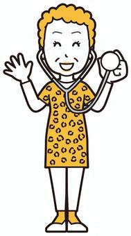  大阪のおばちゃん(黄)-139-全身 診察,おばちゃん,大阪,ヒョウ柄,おばはん,中年,女性,関西,派手,おばさんのイラスト素材