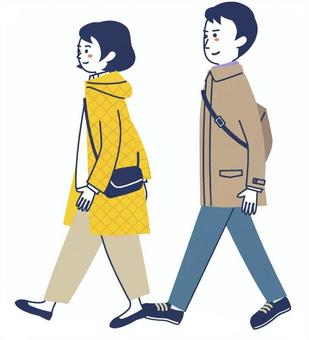 夫婦でお出かけ　冬服 夫婦,お出かけ,冬服,コート,ジャケット,バッグ,かわいい,シンプル,カラフル,横向きのイラスト素材