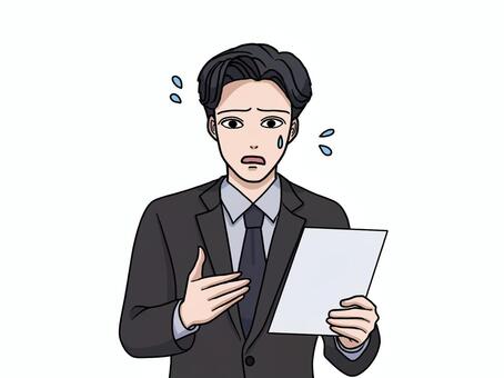 焦りながら説明するスーツ姿の男性 焦る,うろたえる,資料,説明,スーツ,男性,報告,ビジネス,プレゼン,書類のイラスト素材