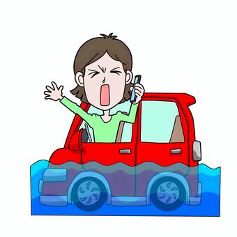 車が水没して救助を呼ぶ人のイラスト 車,水没,冠水,浸水,洪水,災害,緊急,危険,トラブル,ドライバーのイラスト素材