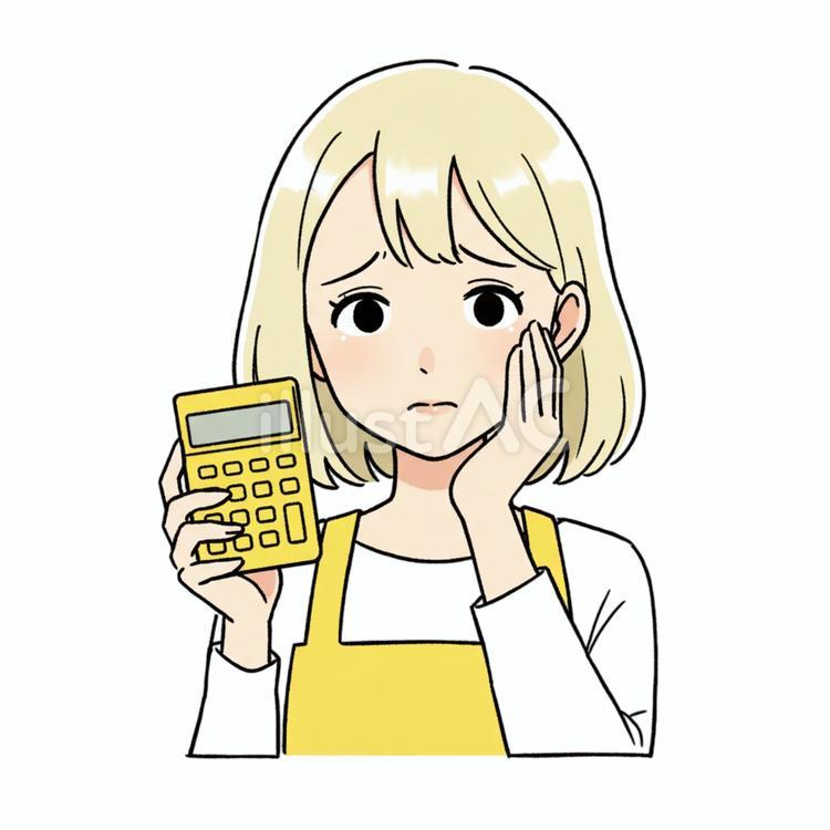 計算が合わない人 女性,エプロン,電卓のイラスト素材